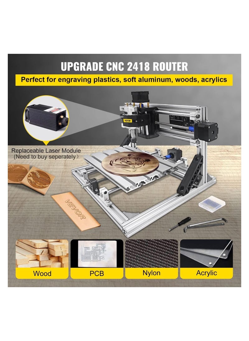 VEVOR 2418 CNC Engraving Machine Milling Cutter 3 Axis CNC Router Machine 500 mW Milling Machine CNC 240 x 180 x 40 mm Engraving Machine Kit