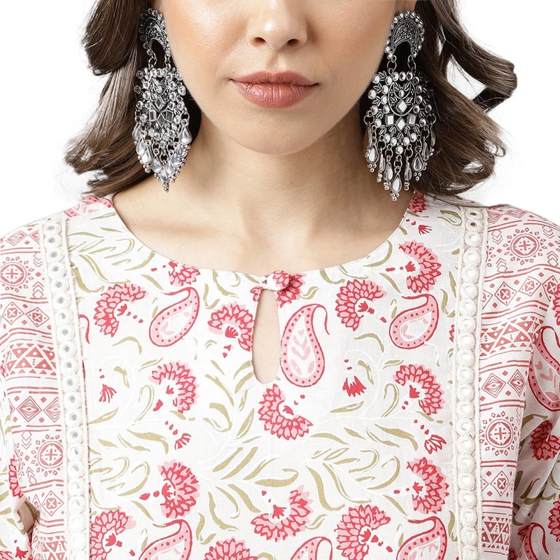 FIORRA Women's White Cotton A-line Kurta with Palazzo - Image 5
