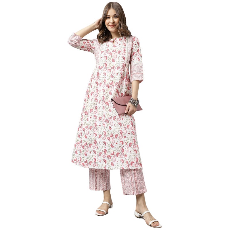 FIORRA Women's White Cotton A-line Kurta with Palazzo - Image 1