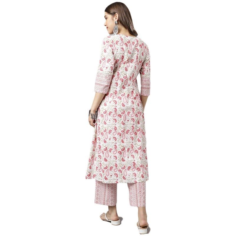 FIORRA Women's White Cotton A-line Kurta with Palazzo - Image 2