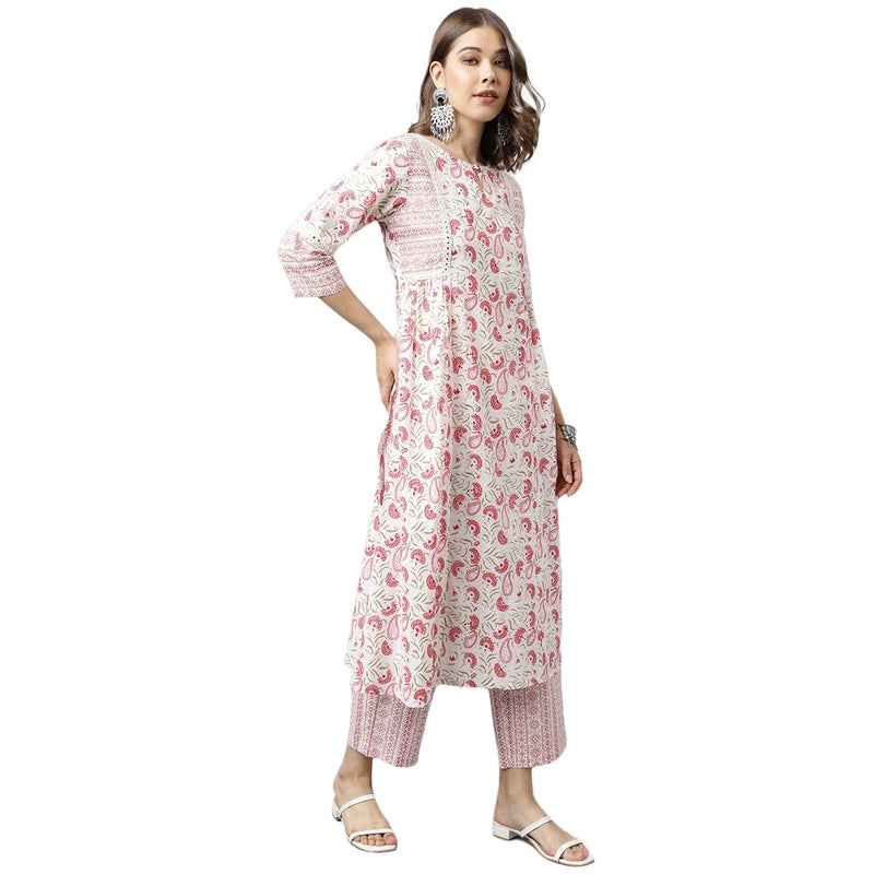 FIORRA Women's White Cotton A-line Kurta with Palazzo - Image 3