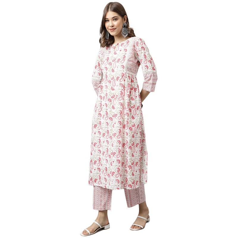 FIORRA Women's White Cotton A-line Kurta with Palazzo - Image 4