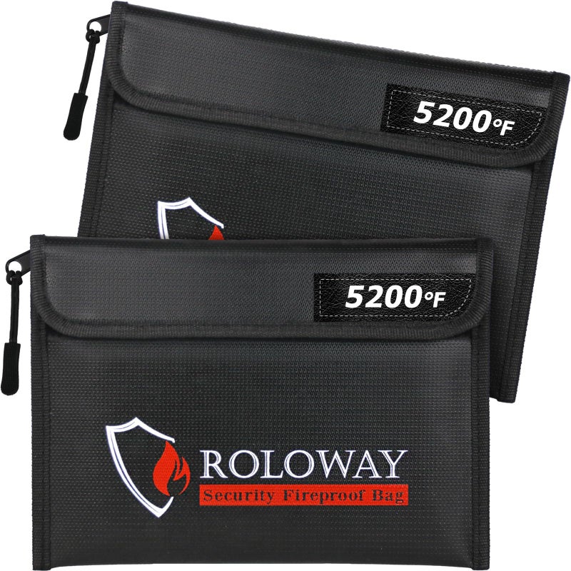 ROLOWAY Fireproof Bag (9.6 x 6.6 inches) 5200â„‰ Heat Insulated, Fireproof Money Bag with Zipper for Cash (2-Pack Black) - Image 1
