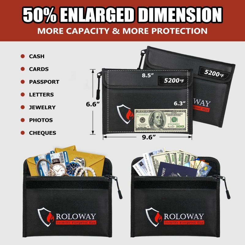 ROLOWAY Fireproof Bag (9.6 x 6.6 inches) 5200â„‰ Heat Insulated, Fireproof Money Bag with Zipper for Cash (2-Pack Black) - Image 4