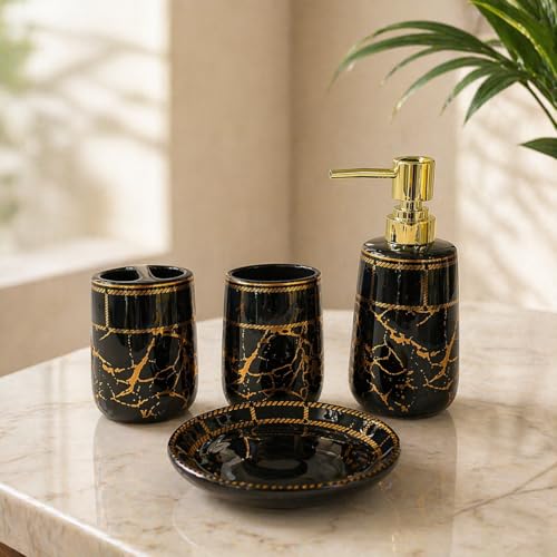 Whizzo® Ceramic Premium Bathroom Accessories Set Ceramic - 4 Pieces Bathroom Accessories Set Soap Dispenser, Toothbrush Holder, Tumbler, Soap Dish, The Best Gifting Choice (WZ-BS-796-Black) - Image 3