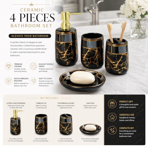 Whizzo® Ceramic Premium Bathroom Accessories Set Ceramic - 4 Pieces Bathroom Accessories Set Soap Dispenser, Toothbrush Holder, Tumbler, Soap Dish, The Best Gifting Choice (WZ-BS-796-Black) - Image 2