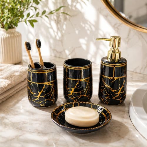 Whizzo® Ceramic Premium Bathroom Accessories Set Ceramic - 4 Pieces Bathroom Accessories Set Soap Dispenser, Toothbrush Holder, Tumbler, Soap Dish, The Best Gifting Choice (WZ-BS-796-Black) - Image 1