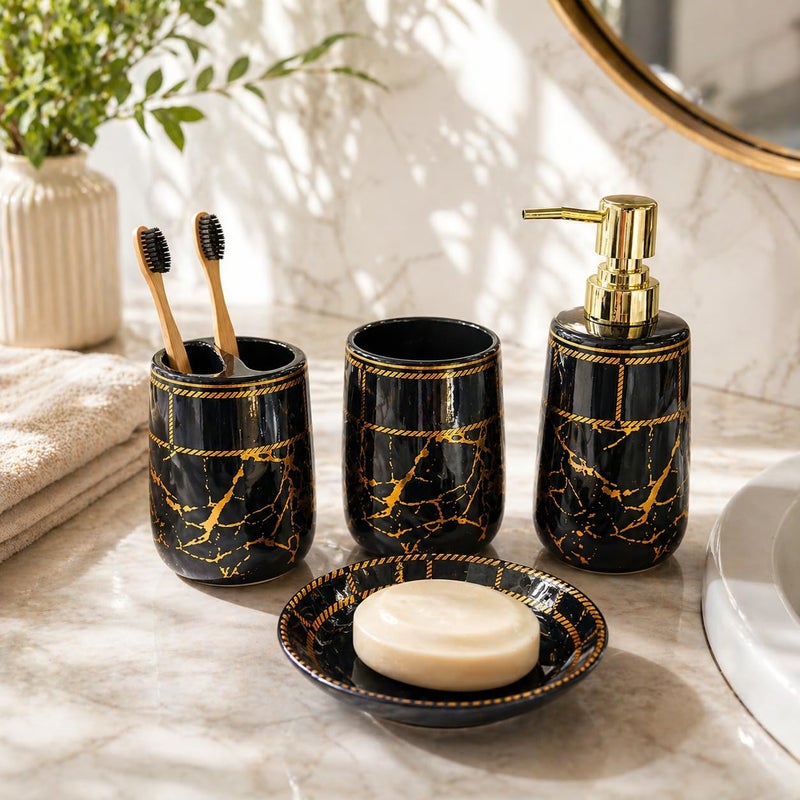 Whizzo® Ceramic Premium Bathroom Accessories Set Ceramic - 4 Pieces Bathroom Accessories Set Soap Dispenser, Toothbrush Holder, Tumbler, Soap Dish, The Best Gifting Choice (WZ-BS-796-Black) - Image 5