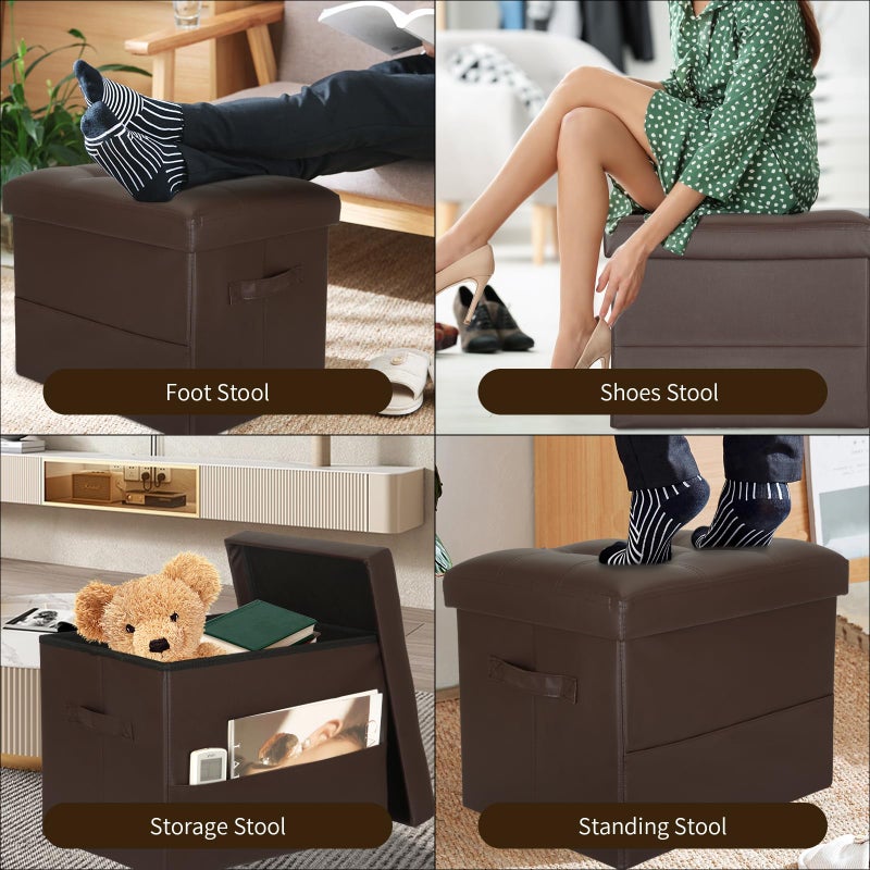 BelugaHelper Storage Ottoman Foot Rest Stool, Foldable Leather Footstool Storage Bench with Thicker Foam Padded Seat. Foot Rest Under Desk for Living Room Bedroom 350 lbs, 17x13x13 in, Brown - Image 3