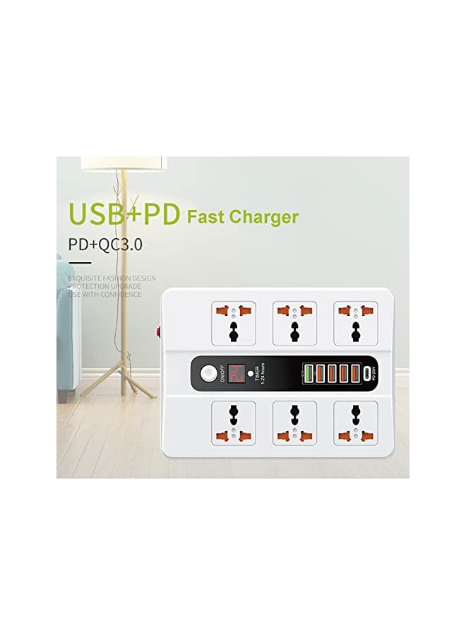 PROMASS موزع طاقة برومس مع واقي من زيادة التيار مع USB - سلك تمديد بموصل مسطح مع 6 مآخذ AC و 5 USB 1 PD، محطة سطح مكتب صغيرة LED بسلك طاقة بطول 6 أقدام، مقبس مدمج - Image 3