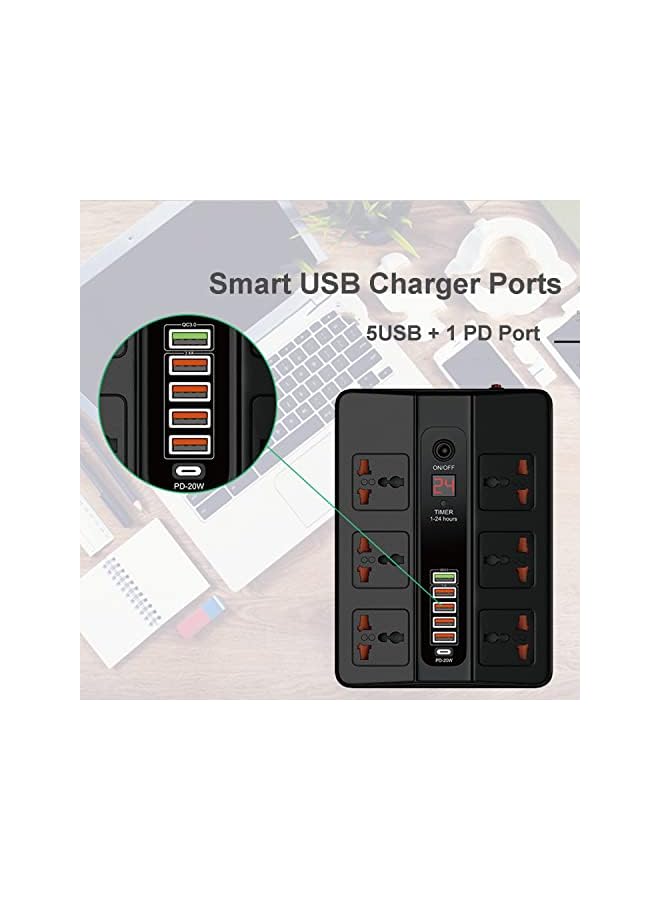 PROMASS موزع طاقة برومس مع واقي من زيادة التيار مع USB - سلك تمديد بموصل مسطح مع 6 مآخذ AC و 5 USB 1 PD، محطة سطح مكتب صغيرة LED بسلك طاقة بطول 6 أقدام، مقبس مدمج - Image 4