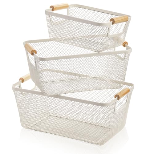 Noamus 3 Pack Metal Mesh Baskets with Wood Handle, Iron Storage Organizer Basket, Cream White Wire Countertop Baskets for Organizing, Cabinet Pantry Closet Bedroom Kitchen(3 Size) - Image 1