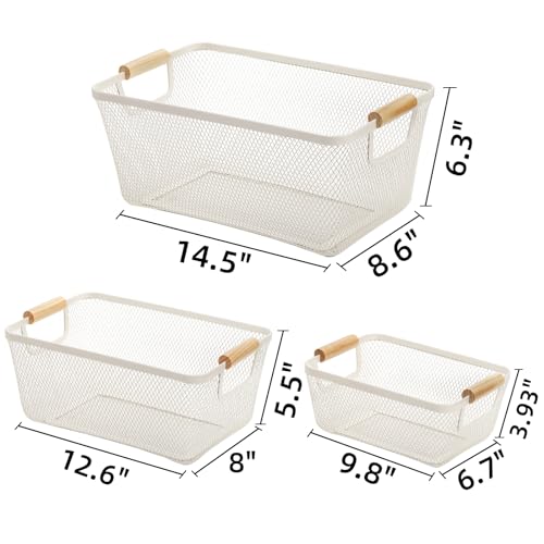 Noamus 3 Pack Metal Mesh Baskets with Wood Handle, Iron Storage Organizer Basket, Cream White Wire Countertop Baskets for Organizing, Cabinet Pantry Closet Bedroom Kitchen(3 Size) - Image 2