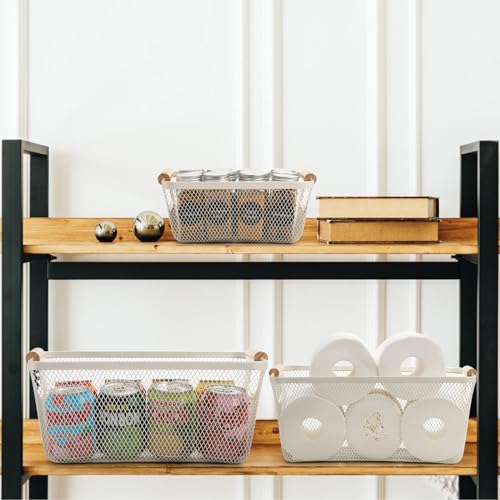 Noamus 3 Pack Metal Mesh Baskets with Wood Handle, Iron Storage Organizer Basket, Cream White Wire Countertop Baskets for Organizing, Cabinet Pantry Closet Bedroom Kitchen(3 Size) - Image 3