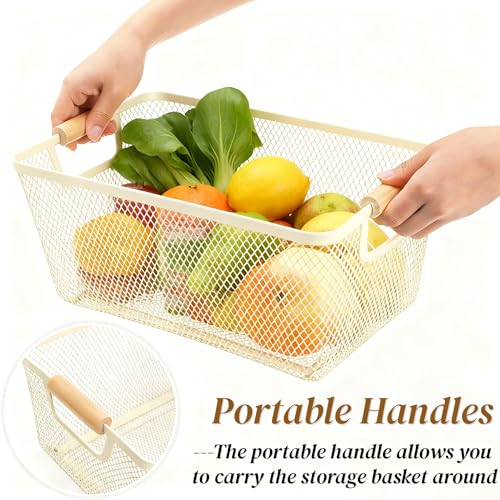Noamus 3 Pack Metal Mesh Baskets with Wood Handle, Iron Storage Organizer Basket, Cream White Wire Countertop Baskets for Organizing, Cabinet Pantry Closet Bedroom Kitchen(3 Size) - Image 5