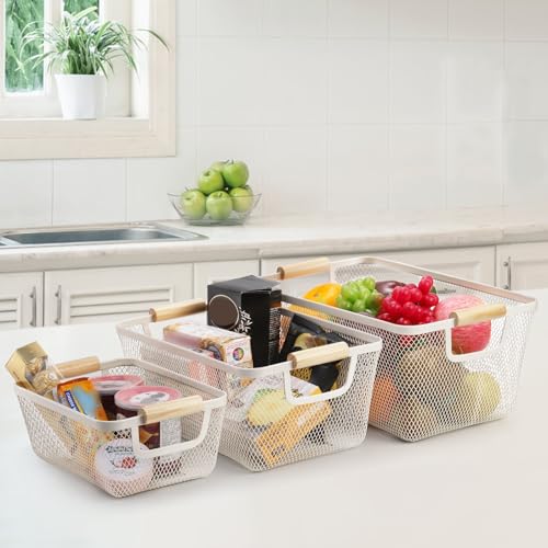 Noamus 3 Pack Metal Mesh Baskets with Wood Handle, Iron Storage Organizer Basket, Cream White Wire Countertop Baskets for Organizing, Cabinet Pantry Closet Bedroom Kitchen(3 Size) - Image 4