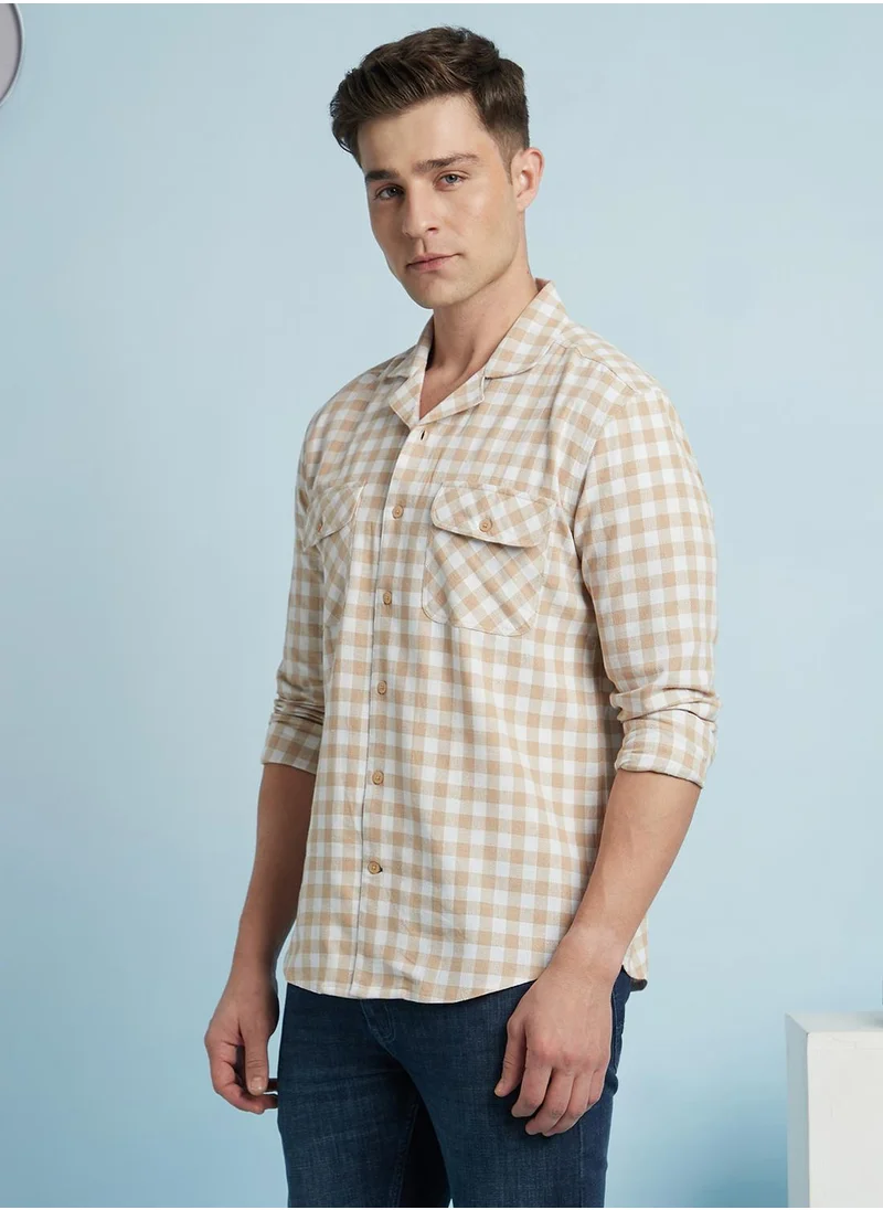 Dennis Lingo Men's Beige 100% Cotton Checkered Regular Fit Shirt