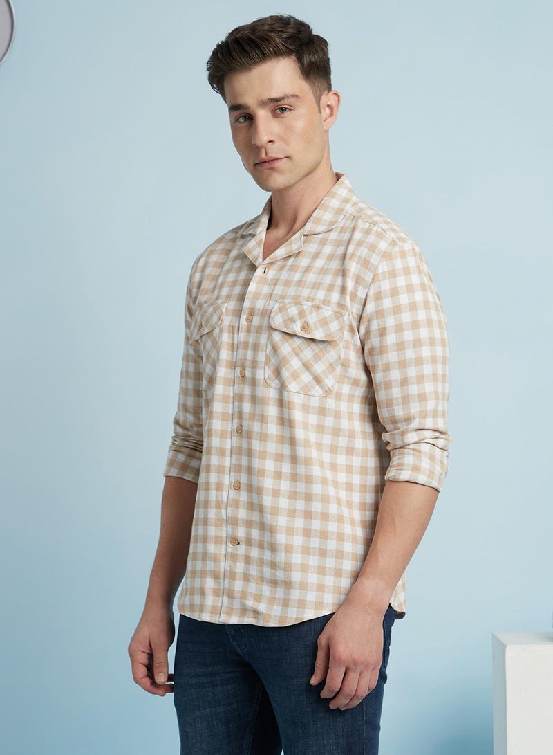 Dennis Lingo Men's Beige 100% Cotton Checkered Regular Fit Shirt  - Image 2