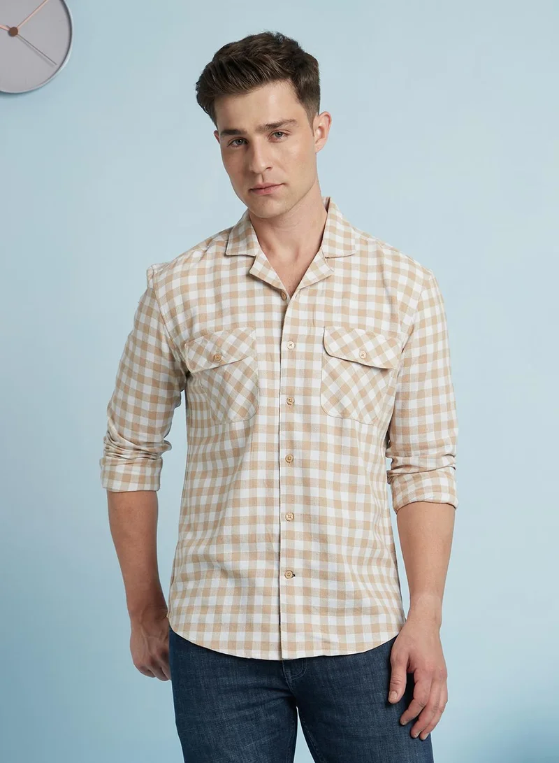 Dennis Lingo Men's Beige 100% Cotton Checkered Regular Fit Shirt