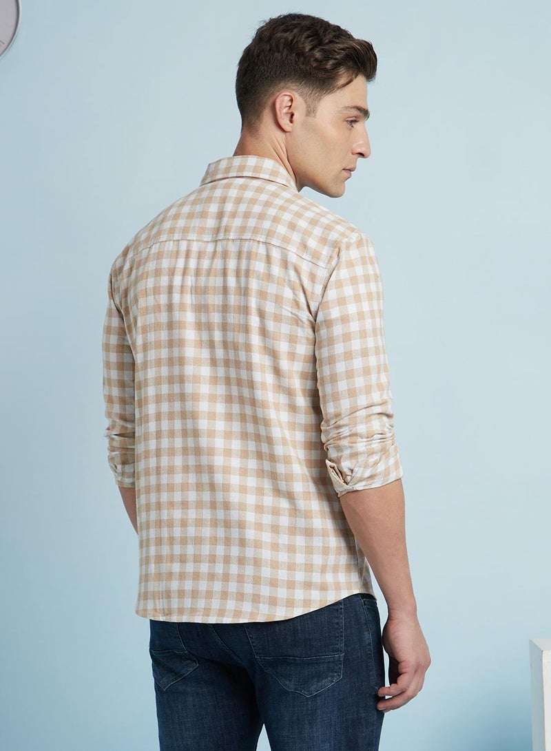 Dennis Lingo Men's Beige 100% Cotton Checkered Regular Fit Shirt  - Image 3