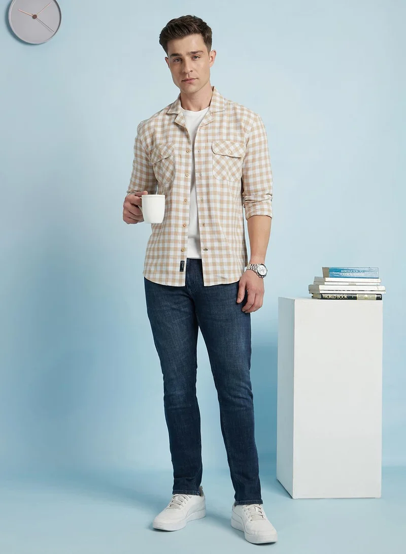 Dennis Lingo Men's Beige 100% Cotton Checkered Regular Fit Shirt