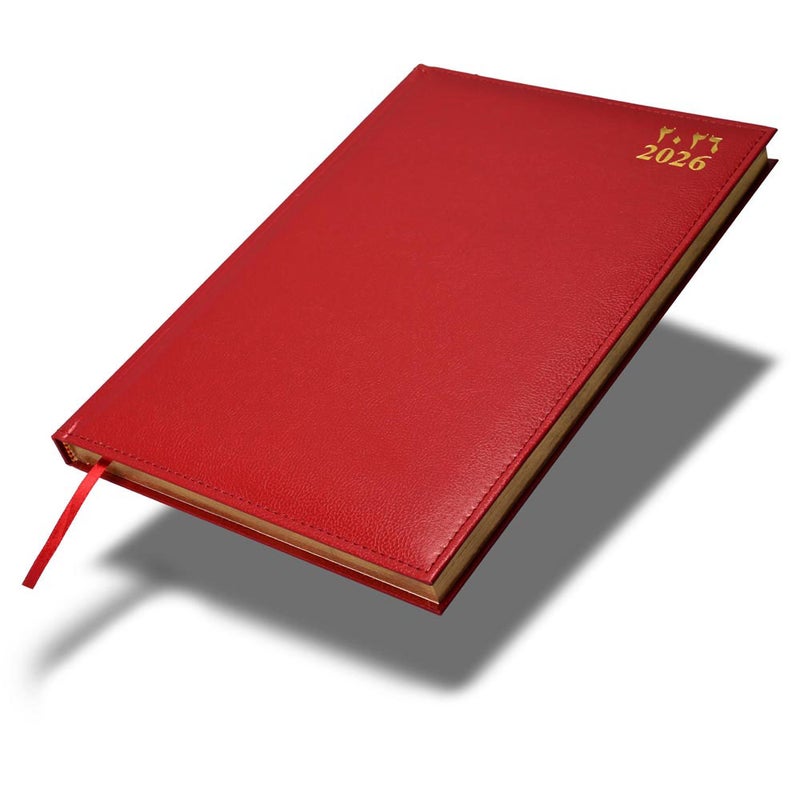 FIS 2026 Golden A4 Diary, 210x297mm, 1 Side Padded & Sewn Vinyl Cover, Gold Gilded Edges, 1 Day a Page Format, Arabic/English, 60gsm White Paper, Maroon Cover - FSDI43AEG26MR - Image 1