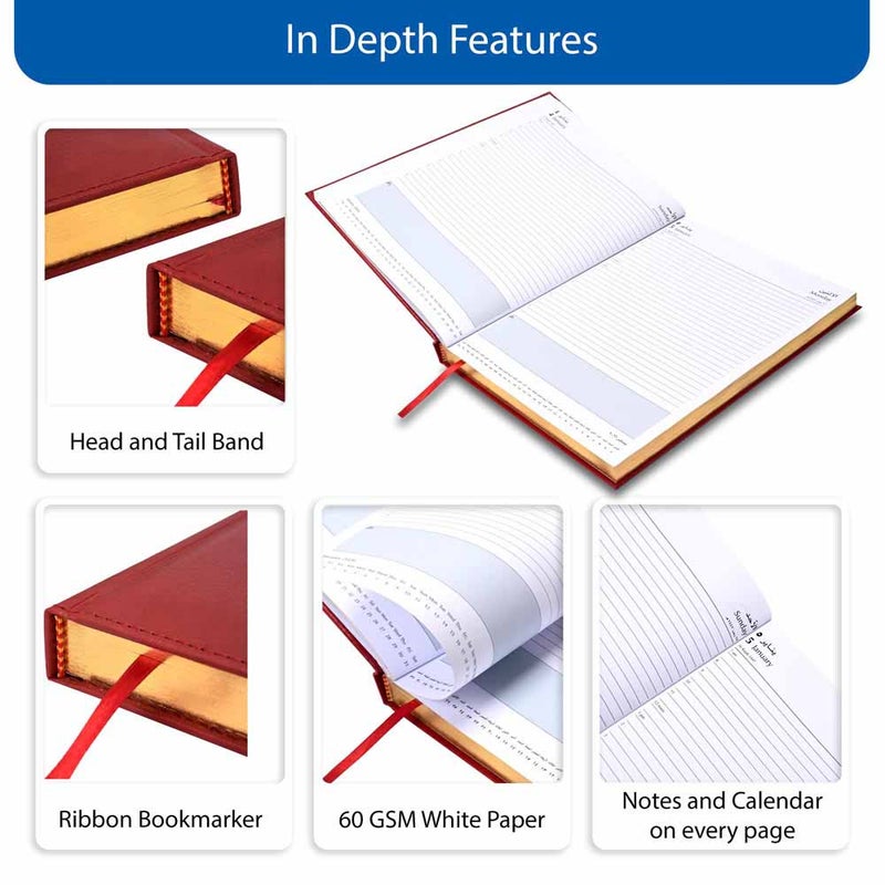 FIS 2026 Golden A4 Diary, 210x297mm, 1 Side Padded & Sewn Vinyl Cover, Gold Gilded Edges, 1 Day a Page Format, Arabic/English, 60gsm White Paper, Maroon Cover - FSDI43AEG26MR - Image 5