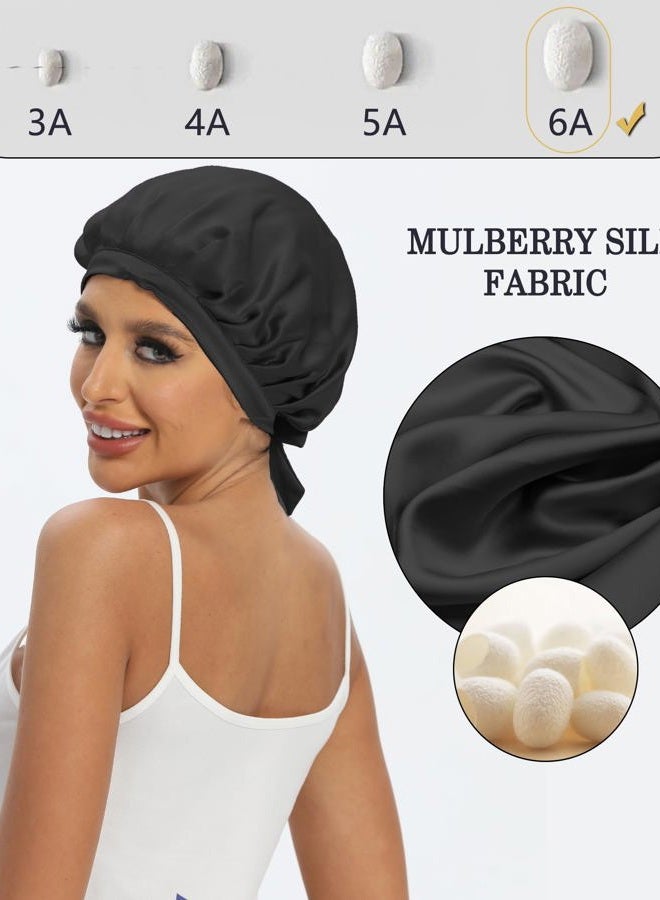 Cocheng 100% Mulberry Silk Bonnet Double-Sided Silk Sleep Cap With Adjustable Ribbon 19 Momme Silk Bonnet for Sleeping(Black) - Image 2