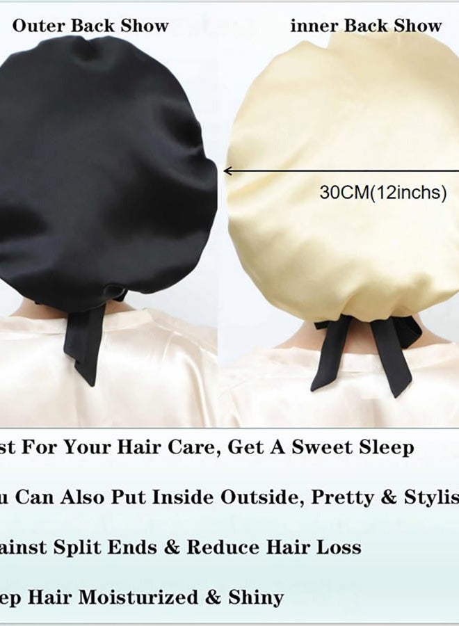 Cocheng 100% Mulberry Silk Bonnet Double-Sided Silk Sleep Cap With Adjustable Ribbon 19 Momme Silk Bonnet for Sleeping(Black) - Image 5