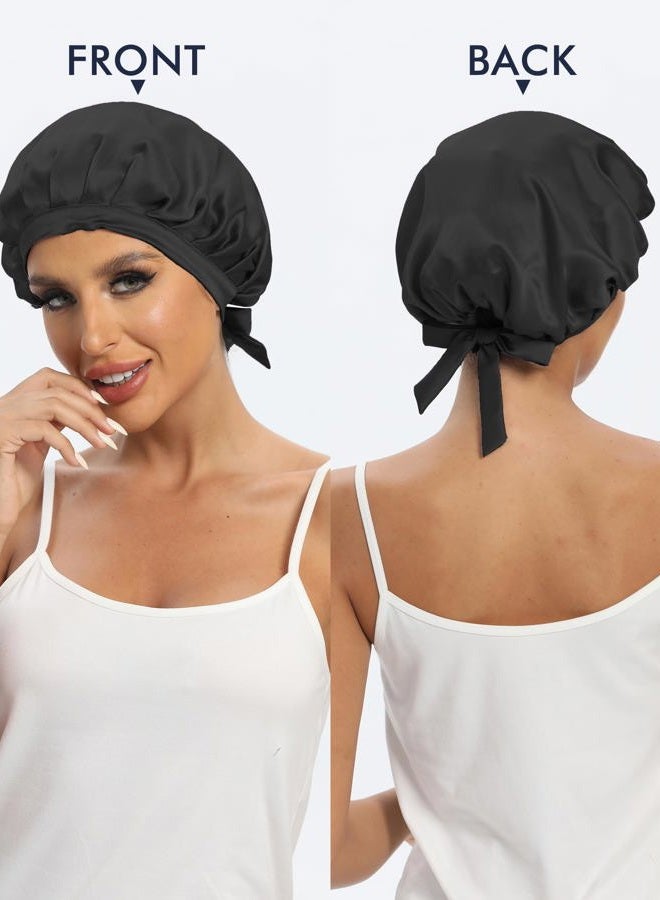 Cocheng 100% Mulberry Silk Bonnet Double-Sided Silk Sleep Cap With Adjustable Ribbon 19 Momme Silk Bonnet for Sleeping(Black) - Image 4