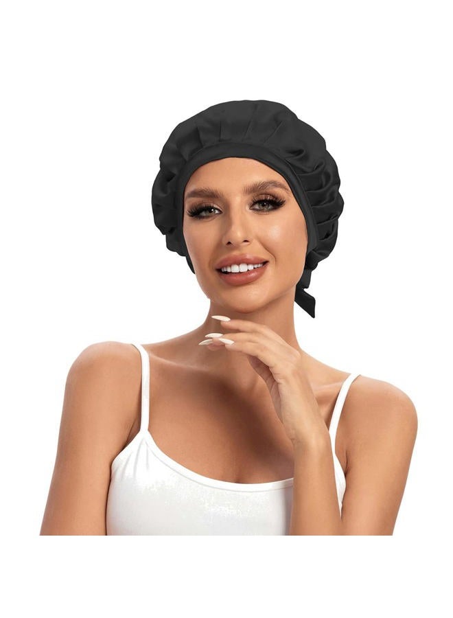 Cocheng 100% Mulberry Silk Bonnet Double-Sided Silk Sleep Cap With Adjustable Ribbon 19 Momme Silk Bonnet for Sleeping(Black) - Image 1