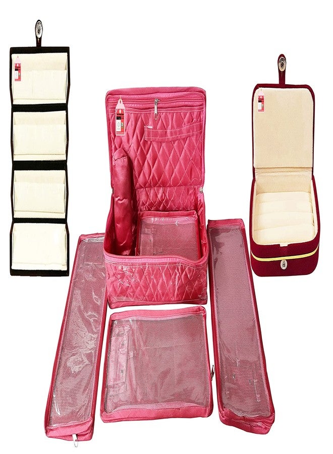 LUCES Combo Satin Pink Make-Up Pouch Jewellery Box 4 Pouch 1 roll Bangle Bag with Velvet Cream Ring & Earring Folder ewellery Organizer/Storage Box - Image 1