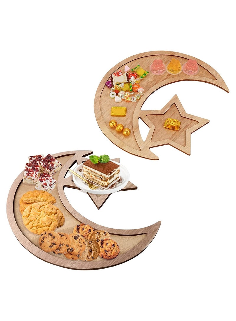 2Pcs Ramadan Wood Tray, Chic Wooden Artistic Moon Star Eid Mubarak Party Food Serving Tableware Tray Pastry Dessert Display Holder Ramadan Table Crescent Tray Decoration Ornament - Image 2