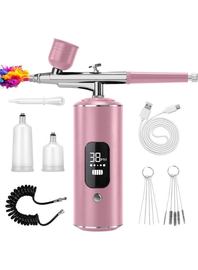 Noura Portable Airbrush with Compressor Rechargeable USB Airbrush Kit Handheld Cordless Air Brush Pen with LCD Screen Pink - Image 1