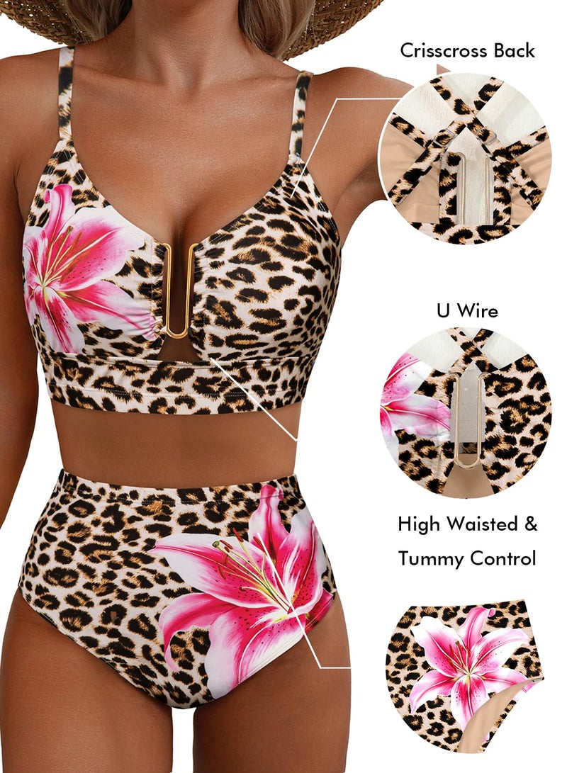 Herseas Women's High Waisted U Wire Bikini Sets Floral Print Crisscross Back Swim Suit Removable Pad 2 Piece Stretchy Bathing Suits Sexy Classic Pool Party Essentials Leopard Pink Lily X-Large - Image 4