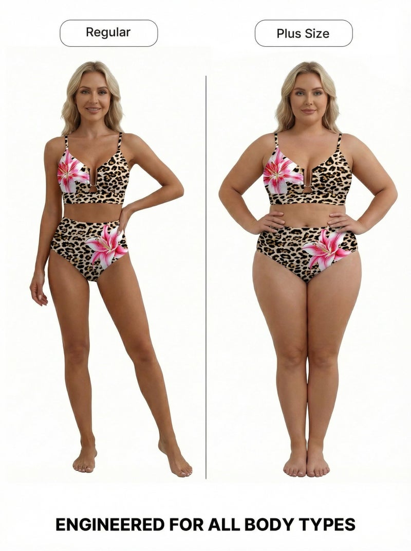Herseas Women's High Waisted U Wire Bikini Sets Floral Print Crisscross Back Swim Suit Removable Pad 2 Piece Stretchy Bathing Suits Sexy Classic Pool Party Essentials Leopard Pink Lily X-Large - Image 5