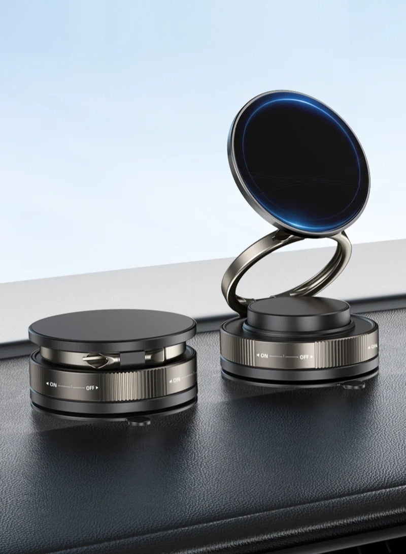 Vacuum Magnetic Car Phone Mount - 360° Rotating Foldable Dashboard Suction Cup Holder with N54 Strong Magnet, Universal Compatibility for Smartphones (Black) - Image 1