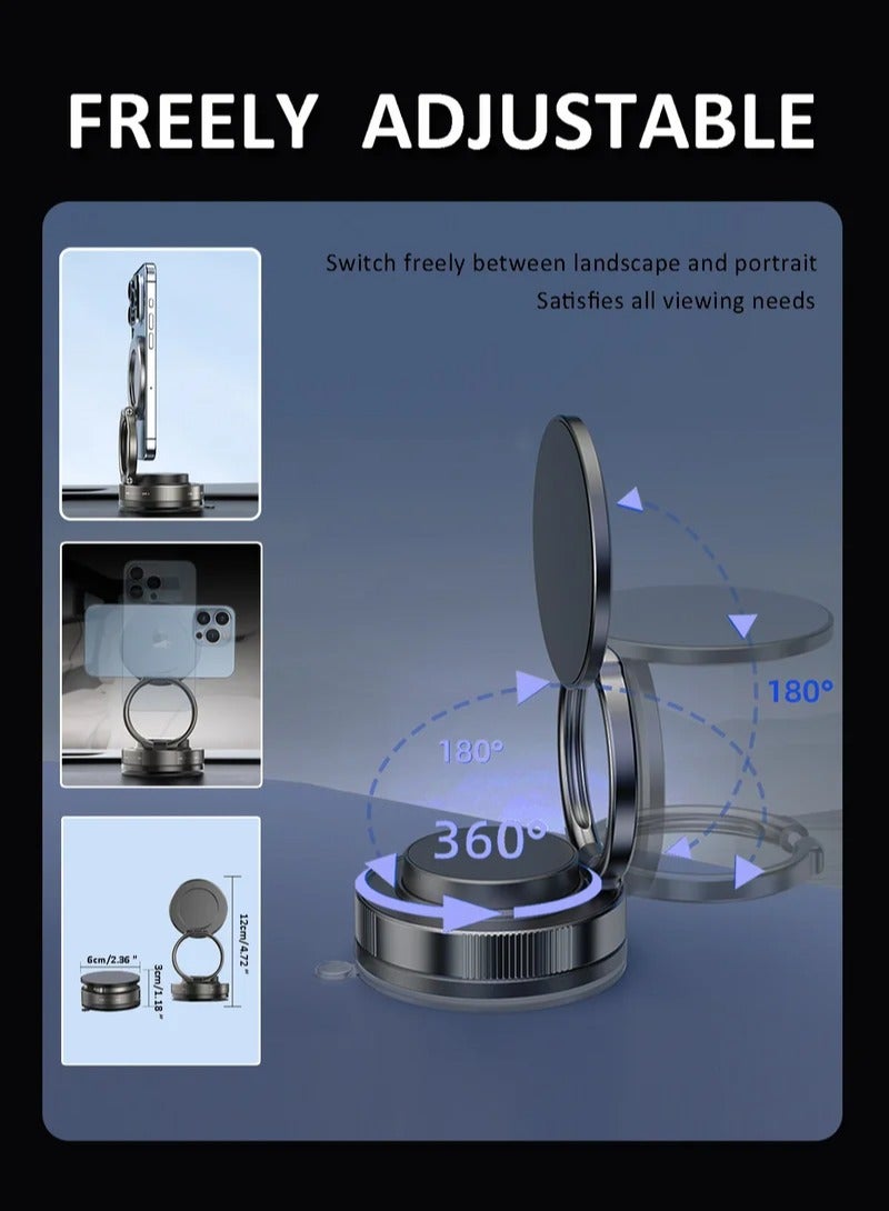 Vacuum Magnetic Car Phone Mount - 360° Rotating Foldable Dashboard Suction Cup Holder with N54 Strong Magnet, Universal Compatibility for Smartphones (Black) - Image 2