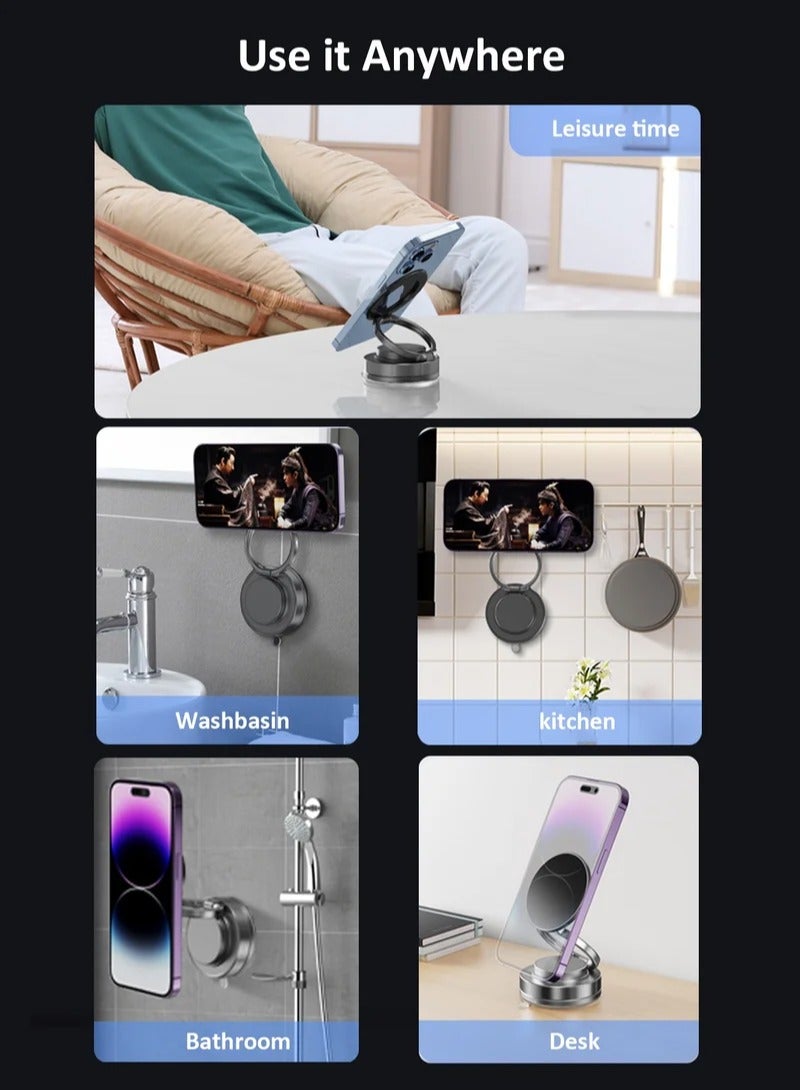 Vacuum Magnetic Car Phone Mount - 360° Rotating Foldable Dashboard Suction Cup Holder with N54 Strong Magnet, Universal Compatibility for Smartphones (Black) - Image 4