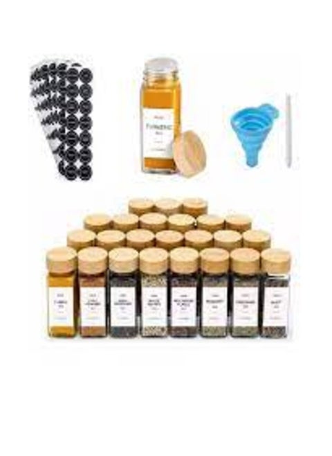 A 24-piece spice set with small stickers to classify spices. The jars are made of high-quality glass with a tightly sealed wooden lid.