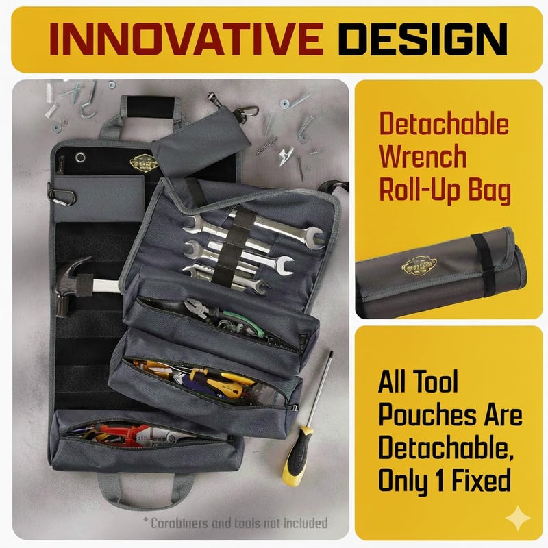 The Ryker Bag Black Pro Tool Roll â€“ Heavy-Duty Canvas Roll-Up Tool Organizer w/detachable pouches for Bolts, Sockets & Small Power Tools for Electricians, Plumbers, HVAC Techs & DIY Professionals - Image 4