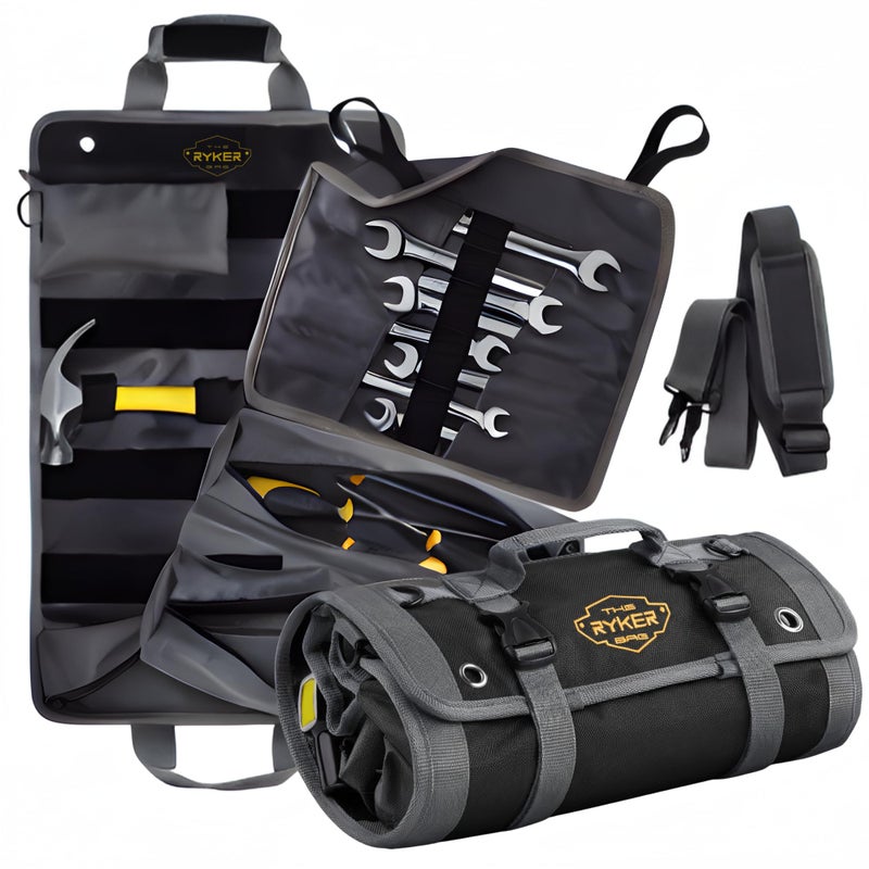 The Ryker Bag Black Pro Tool Roll â€“ Heavy-Duty Canvas Roll-Up Tool Organizer w/detachable pouches for Bolts, Sockets & Small Power Tools for Electricians, Plumbers, HVAC Techs & DIY Professionals - Image 1