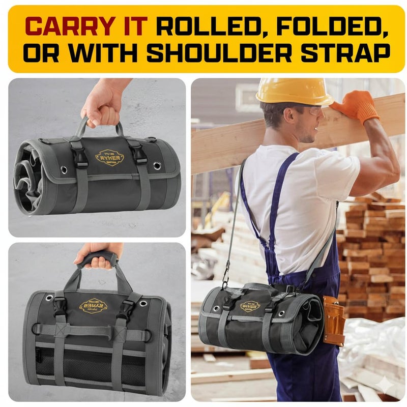 The Ryker Bag Black Pro Tool Roll â€“ Heavy-Duty Canvas Roll-Up Tool Organizer w/detachable pouches for Bolts, Sockets & Small Power Tools for Electricians, Plumbers, HVAC Techs & DIY Professionals - Image 5