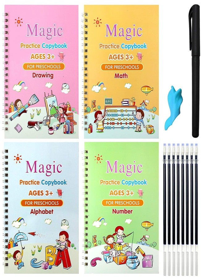 HOTFIX Magic Practice Copybooks for Kids Reusable Handwriting Workbook for Preschool Magical Tracing Book with Magic Pen (4 Books+1 Pen+8 Refills+1 Grip) - Image 1