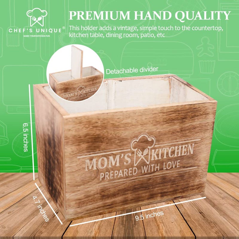 CHEF'S UNIQUE Wooden Utensil Holder For Countertop Mothers Day Gift - Durable Cooking Utensils Holder - large Rustic Countertop Kitchen D?cor - Spatula Utensils And Spoons Organizer With Divider - Image 3