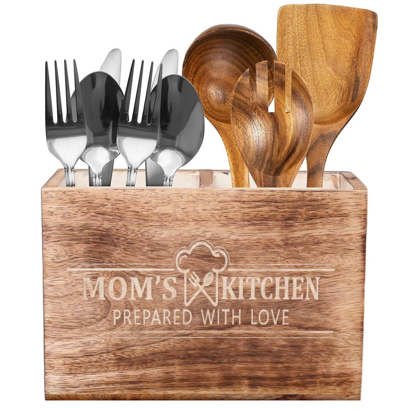 CHEF'S UNIQUE Wooden Utensil Holder For Countertop Mothers Day Gift - Durable Cooking Utensils Holder - large Rustic Countertop Kitchen D?cor - Spatula Utensils And Spoons Organizer With Divider - Image 1