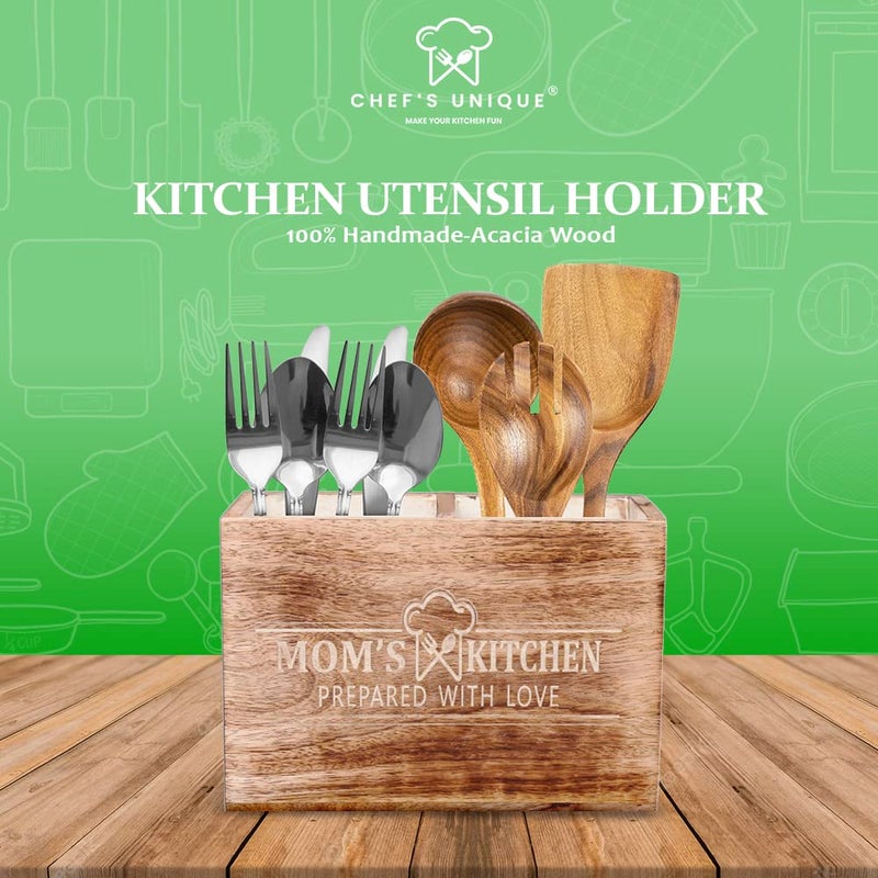 CHEF'S UNIQUE Wooden Utensil Holder For Countertop Mothers Day Gift - Durable Cooking Utensils Holder - large Rustic Countertop Kitchen D?cor - Spatula Utensils And Spoons Organizer With Divider - Image 4