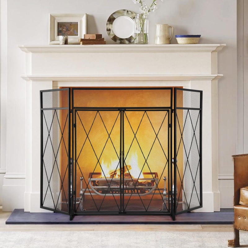 BEAMNOVA BEAMNOVA Fireplace Screen 3 Panel Decorative Flat Cover Modern Outdoor Protector Rustic Vintage Mesh Freestanding Iron Door 498 x 319 in  127 x 81 cm 