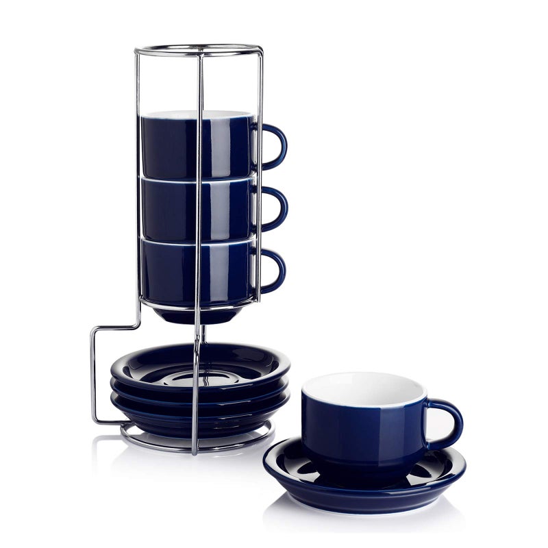 Sweese 25 Ounce Porcelain Stackable Espresso Cups with Saucers and Metal Stand Set of 4 Navy
