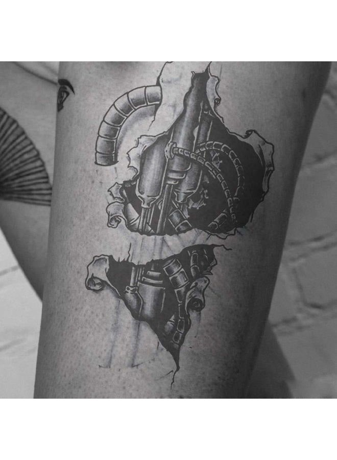 Oottati 6 Sheets Temporary Tattoo Stickers Muscle Men Black 3D Mechanical Metal Arm Hollow Gear Shoulder Leg - Image 3